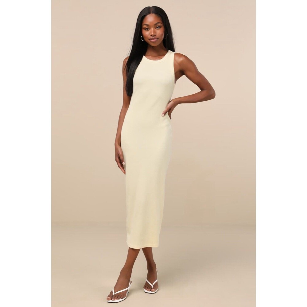 Lulus Majorly Trendy Dress Light Yellow Midi Ribbed Bodycon Size XS NWT